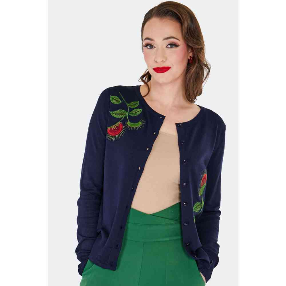 Voodoo Vixen - Venus Flytrap Embroidered Cardigan - Donkerblauw